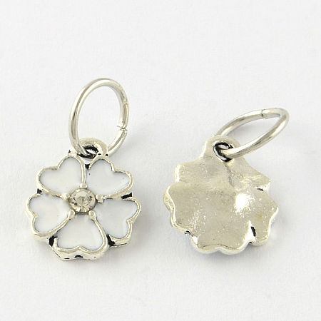 Honeyhandy Enamel Style Flower Alloy Rhinestone Charms, with Iron Findings, Antique Silver, White, 13.5x11x3mm, Hole: 6mm