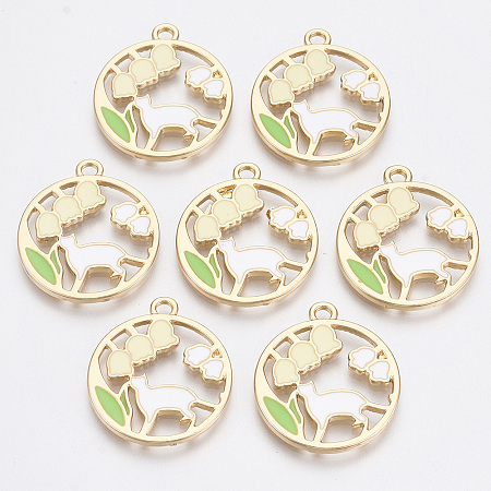 Honeyhandy Alloy Pendants, with Enamel, Round Ring with Cat Shape and Flower, Golden, Colorful, 25x21.5x1.5mm, Hole: 2mm