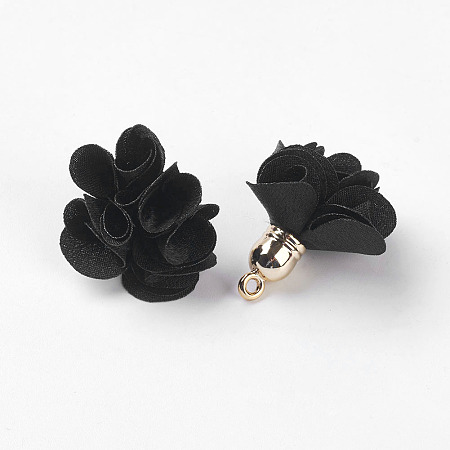 Honeyhandy Cloth Pendant Decorations, with Acrylic Findings, Flower, Black, 25~30x28~35mm, Hole: 2mm