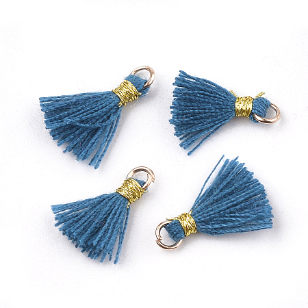 Honeyhandy Polycotton(Polyester Cotton) Tassel Pendant Decorations, with Iron Findings and Metallic Cord, Light Gold, Steel Blue, 10~15x2~3mm, Hole: 1.5mm