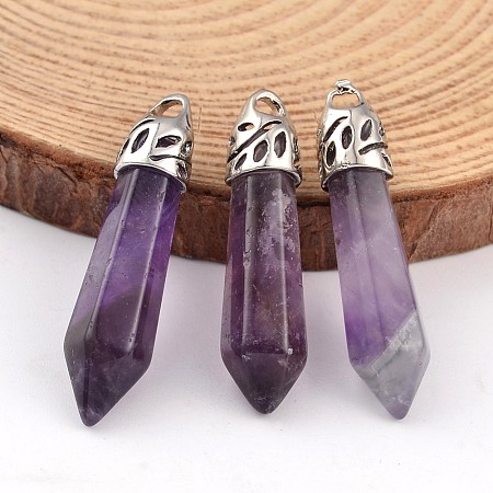 Honeyhandy Bullet Natural Amethyst Pendants, with Platinum Tone Alloy Findings, 33~40x8~10mm, Hole: 3x2mm