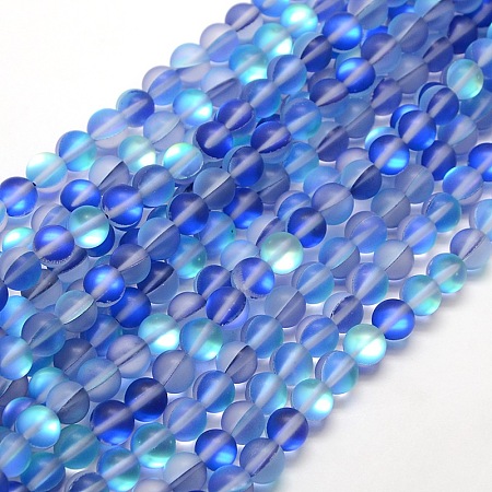 Synthetic Moonstone Beads Strands, Holographic Beads, Half AB Color Plated, Frosted, Round, Blue, 8mm, Hole: 1mm; about 49pcs/strand, 15 inches