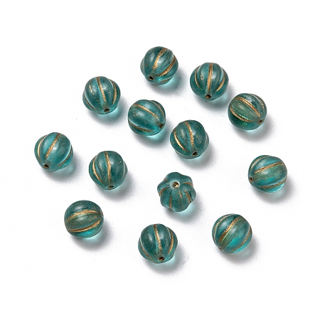 Arricraft Czech Glass Beads, with Gold Wash, Pumpkin/Round Melon, Medium Sea Green, 8mm, Hole: 0.8mm, about 14pcs/10g