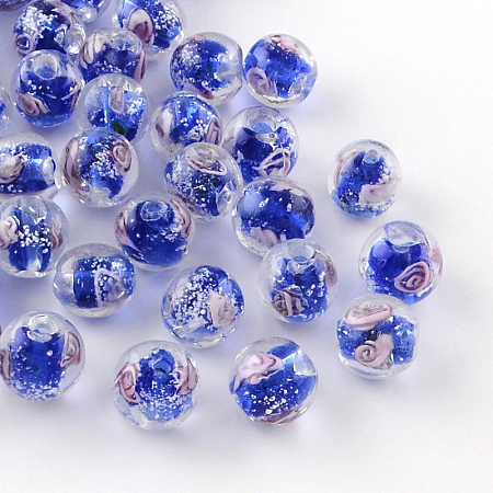 Honeyhandy Handmade Luminous Inner Flower Lampwork Beads, Round, Blue, 8mm, Hole: 1mm