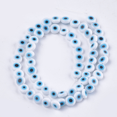 Honeyhandy Handmade Evil Eye Lampwork Beads Strands, Flat Round, Creamy White, 6x2.5mm, Hole: 1mm, about 64~65pcs/strand, 14.1 inch~14.5 inch
