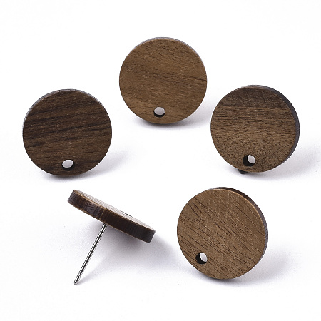 Honeyhandy Walnut Wood Stud Earring Findings, with 304 Stainless Steel Pin, Flat Round, Coconut Brown, 15mm, Hole: 1.8mm, Pin: 0.7mm