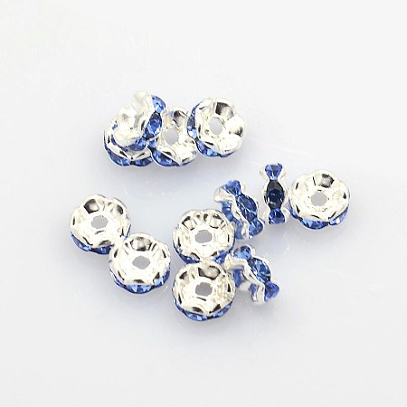 Honeyhandy Brass Rhinestone Spacer Beads, Grade A, Rondelle, Silver Color Plated, Sky Blue, about 6mm in diameter, hole: about 1mm