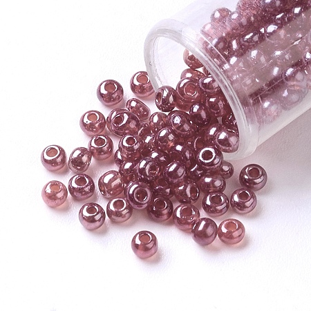 FGB 12/0 Round Glass Seed Beads, Transparent Colours Lustered, Tomato, 2x1.5mm, Hole: 0.3mm, 3800pcs/50g