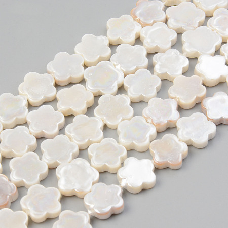 Honeyhandy Electroplate Natural Freshwater Shell Beads Strands, Flower, Seashell Color, 10.5x11x3mm, Hole: 0.8mm, about 35pcs/strand, 14.84 inch~14.96 inch(37.7cm~38cm)es(37.7cm~38cm)