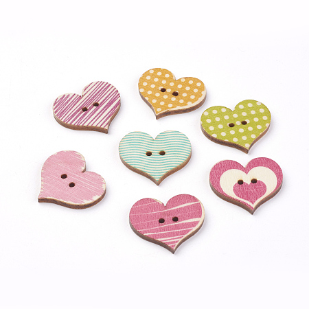 Honeyhandy 2-Hole Printed Wooden Buttons, Heart, Mixed Color, 23x25.5x2.5mm, Hole: 1.5mm