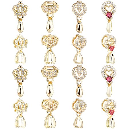 SUPERFINDINGS 16Pcs 4 Style Brass Micro Pave Cubic Zirconia Pendant Pinch Bails Gold Ice Pick Pinch Bails Long-Lasting Plated Bail for Jewelry Making