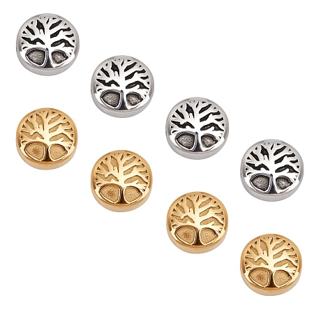 Unicraftale Retro 304 Stainless Steel Beads, Flat Round with Tree of Life, Mixed Color, 10x5.5mm, Hole: 2mm, 2 colors, 4pcs/color, 8pcs/box