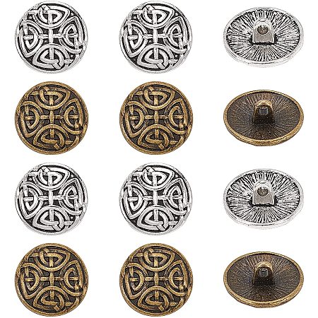 OLYCRAFT Tibetan Style Half Round Alloy Shank Buttons, Lead Free & Cadmium Free, Mixed Color, 17x7.5mm, Hole: 2mm; 2 colors, 30pcs/color, 60pcs/box