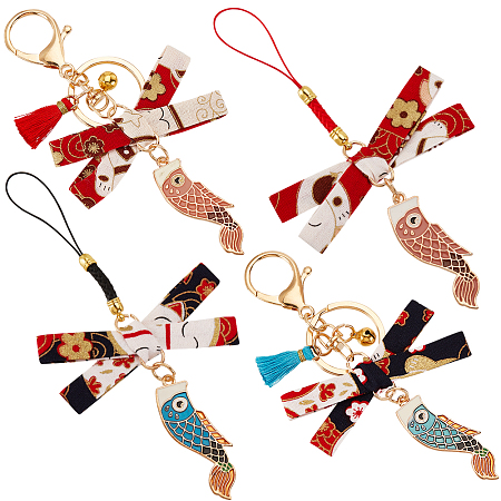 Olycraft 4Pcs 4 Style Japanese Style Cute Lithium Fish Lucky Mobile Phone Straps & Keychain, with Bowknot and Tassel Charms, for Phone Car Bag Pendant Keychain, Mixed Color, 1.3cm and 1.4cm, 1pc/style