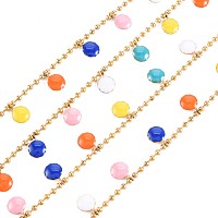 304 Stainless Steel Ball Chains, with Flat Round Enamel Charm, Real 18K Gold Plated, Soldered, Colorful, 9x6x1mm, about 3.28 Feet(1m)/Strand