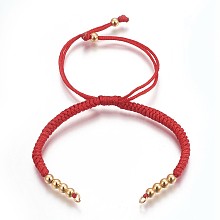 Honeyhandy Nylon Cord Braided Bead Bracelets Making, with Brass Beads, Long-Lasting Plated, Real 24K Gold Plated, Red, 10-1/4 inch(26cm)~11-5/8 inch(29.6cm)