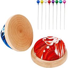 GLOBLELAND 2Pcs 2 Colors Pin Cushions Ball Shaped Wave Pattern Cotton Needle Cushion with 100Pcs Iron Head Pins Wooden Bottom Needle Holder Pillow Sewing Tools Needles Holder for Sewing DIY