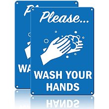 GLOBLELAND 2Pcs Please Wash Your Hands Aluminum Sign Metal Sign for Restroom Dinning Room Decor, 10x7Inch, Waterproof and Fade Resistance