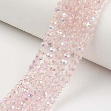 Honeyhandy Electroplate Glass Beads Strands, Half Rainbow Plated, Faceted, Rondelle, Pink, 2x1.5mm, Hole: 0.4mm, about 195pcs/strand, 11 inch(27.5cm)