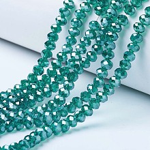 Honeyhandy Electroplate Glass Beads Strands, Pearl Luster Plated, Faceted, Rondelle, Dark Cyan, 3.5x3mm, Hole: 0.4mm, about 123~127pcs/strand, 13.7~14.1 inch(35~36cm)