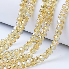 Honeyhandy Electroplate Glass Beads Strands, AB Color Plated, Faceted, Rondelle, Light Khaki, 4x3mm, Hole: 0.4mm, about 123~127pcs/strand, 16.5~16.9 inch(42~43cm)