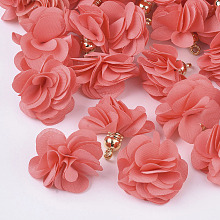 Honeyhandy Cloth Pendant Decorations, with Acrylic Findings, Flower, Salmon, 25~30x28~35mm, Hole: 2mm