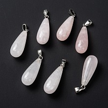 Honeyhandy Natural Rose Quartz Pendants, with Platinum Brass Findings, Teardrop, 26.5~29x10mm, Hole: 2.5~3.5x4~6mm