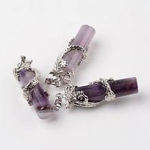 Honeyhandy Tube Natural Amethyst Pendants, with Dragon Brass Findings, Platinum, 48x15x10mm, Hole: 7x5mm