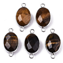 Honeyhandy Natural Tiger Eye Links/Connectors, Platinum Tone Brass Edge, Faceted Oval, 27.5x14~15x6mm, Hole: 2mm