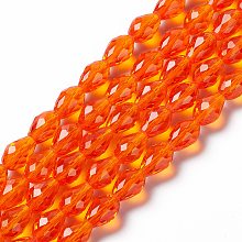 Honeyhandy Glass Beads Strands, Faceted, Drop, Orange Red, 11x8mm, Hole: 1mm, about 57~59pcs/strand, 26.38~26.77 inch