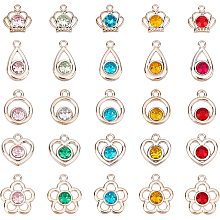 CHGCRAFT 100Pcs 5 Style Plastic Crown Rhinestone Pendants UV Plating Flower Heart Crystal Charms for Necklace Bracelet Earrings Jewelry Making, Length 19~30mm, Mixed Color