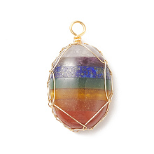 Honeyhandy 7 Chakra Natural Gemstone Pendants, Mixed Stone Flat Oval Charms, with Light Gold Copper Wire Wrapped, 33x19x8mm, Hole: 2.5mm