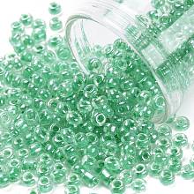 Honeyhandy 8/0 Glass Seed Beads, Transparent Inside Colours Luster, Round Hole, Round, Green, 8/0, 3~4x2~3mm, Hole: 0.8mm, about 15000pcs/bag