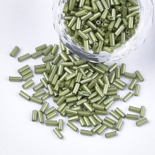 Honeyhandy Glass Bugle Beads, Round Hole, Opaque Colours, Olive Drab, 3~5x1.5~2mm, Hole: 0.8mm, about 15000pcs/bag