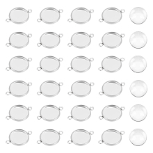 Unicraftale 100Pcs 304 Stainless Steel Cabochon Connector Settings, Plain Edge Bezel Cups, Flat Round, with 100Pcs Transparent Glass Cabochons, Stainless Steel Color, Cabochon Connector Settings: 19x14x2mm, Hole: 1.5mm, Inner Diameter: 12mm