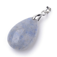 Honeyhandy Natural Quartz Pendants, with Alloy Findings, Teardrop, Platinum, Light Steel Blue, 23~24x14x8mm, Hole: 4x5mm