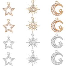 SUPERFINDINGS 12Pcs 3 Shape Cubic Zirconia Pendant Charms 2 Colors Star Moon Jewelry Charms Brass Sun Pendant Moon Dangle Pendants for DIY Necklace Bracelet Jewelry Making