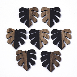 Honeyhandy Resin & Walnut Wood Pendants, Monstera Leaf Pendant, Black, 30x28x3.5mm, Hole: 2mm