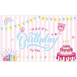 FINGERINSPIRE 71x43 inch Birthday Banners with Hanging Rope Colorful Words Party Supplies Pink & White Stripes Polyester Hanging Sign with Bear-Balloons Cakes Pattern for Outdoor & Indoor Decor