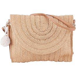 GORGECRAFT Straw Shoulder Bag Straw Bag Clutch Crossbody Woven Wicker Clutch Bag with Two Balls Woven Purse Summer Beach Envelope Clutch Straws Wallet Rattan Bag for Women Travel Holiday