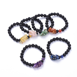 Honeyhandy Natural Lava Rock Round Beads Stretch Bracelets, with Natural Gemstone Chips and Brass Beads, Golden, Inner Diameter: 2 inch(5cm)