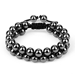 Honeyhandy Synthetic Hematite Braided Bead Bracelet, Double Layer Gemstone Adjustable Bracelet for Women, Inner Diameter: 2-1/8~3 inch(5.3~7.5cm)