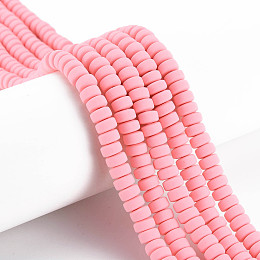 Honeyhandy Handmade Polymer Clay Beads Strands, for DIY Jewelry Crafts Supplies, Flat Round, Pink, 6~7x3mm, Hole: 1.5mm, about 113~116pcs/strand, 15.55 inch~16.14 inch(39.5~41cm)