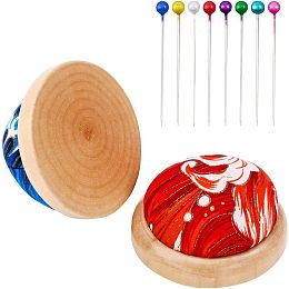 GLOBLELAND 2Pcs 2 Colors Pin Cushions Ball Shaped Wave Pattern Cotton Needle Cushion with 100Pcs Iron Head Pins Wooden Bottom Needle Holder Pillow Sewing Tools Needles Holder for Sewing DIY