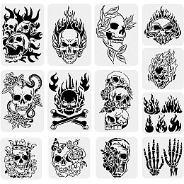 BENECREAT 13PCS Skull Pattern Drawing Stencils, Skull Flame Scary Style Template for Scrabooking Card Making, Wall Floor Art, Festival Decoration