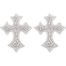 SUPERFINDINGS 2Pcs Beige Cross Appliques Patch Embroidery Iron on Sew on Clothing Patches 4.13x3.34x0.17inch Vintage Rhinestones Crucifixion Sewing DIY Badge Patches for Bag Dress Jacket Repairing