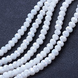 Honeyhandy Electroplate Glass Beads Strands, Opaque Solid Color, AB Color Plated, Faceted, Rondelle, White, 10x8mm, Hole: 1mm, about 65~66pcs/strand, 20.8~21.2 inch(53~54cm)