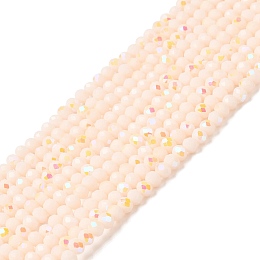 Electroplate Opaque Solid Color Glass Beads Strands, Half Rainbow Plated, Faceted, Rondelle, Misty Rose, 4x3mm, Hole: 0.4mm, about 123~127pcs/strand, 16.5~16.9 inch(42~43cm)