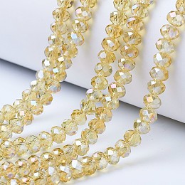 Honeyhandy Electroplate Glass Beads Strands, AB Color Plated, Faceted, Rondelle, Light Khaki, 4x3mm, Hole: 0.4mm, about 123~127pcs/strand, 16.5~16.9 inch(42~43cm)