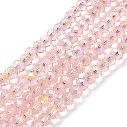 Honeyhandy Electroplate Glass Beads Strands, Half Rainbow Plated, Faceted, Rondelle, Pink, 4x3mm, Hole: 0.4mm, about 123~127pcs/strand, 16.5~16.9 inch(42~43cm)